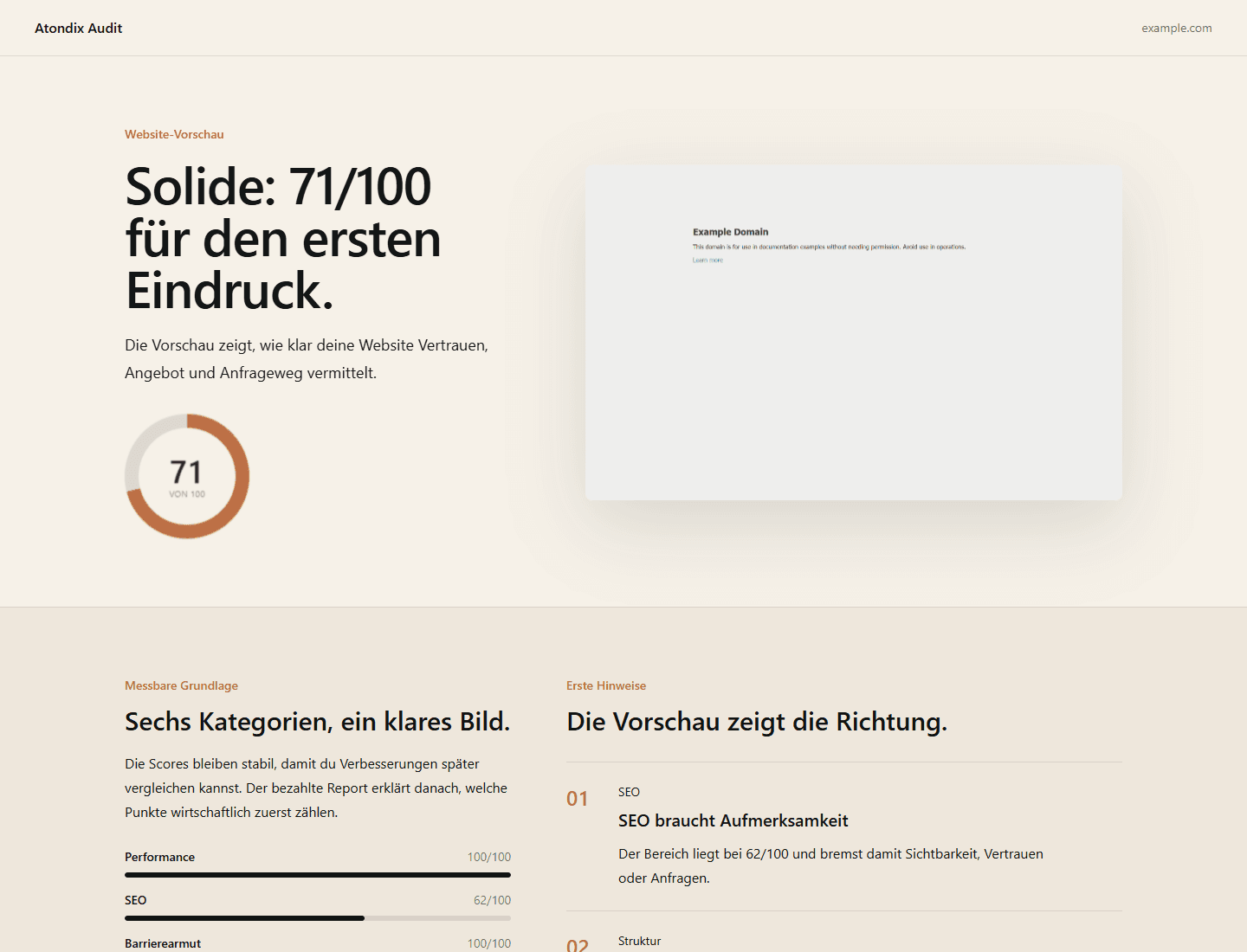 Website-Check Vorschau mit Score und geprüftem Seitenausschnitt