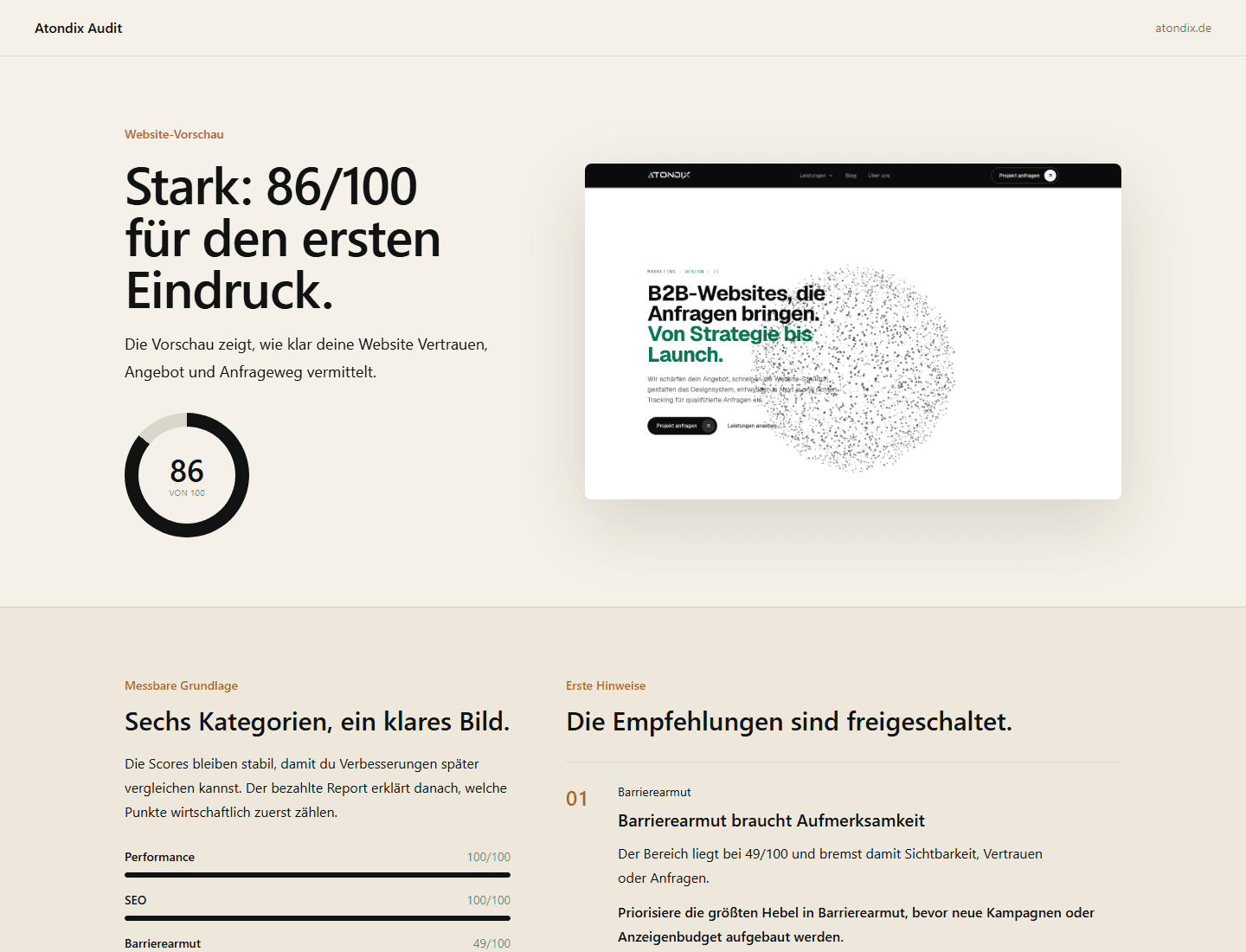 Ausschnitt aus einem Website-Check mit priorisierten Empfehlungen